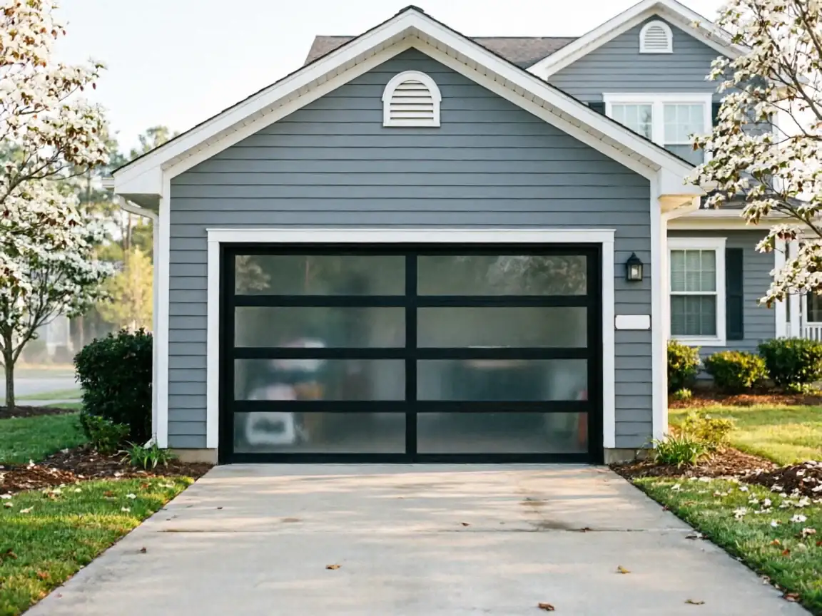 The house has gray siding and a modern black garage door with frosted glass panels.