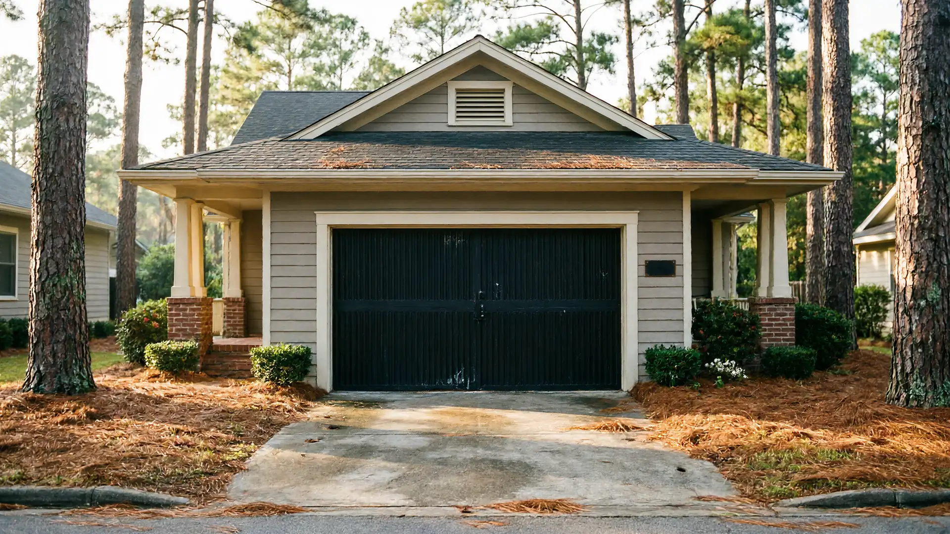 A dark gray garage door is on a light gray house with a brown roof.