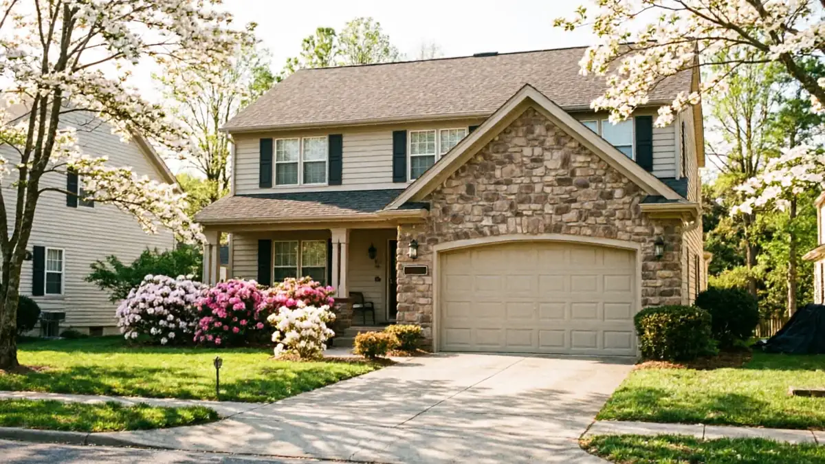 The house has a beige garage door, stone and siding exterior, and a green lawn.