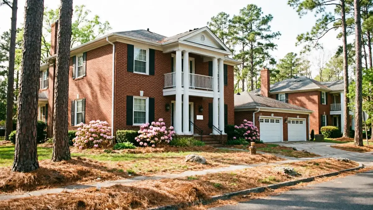 A two-story brick house with a two-car garage and a front porch.