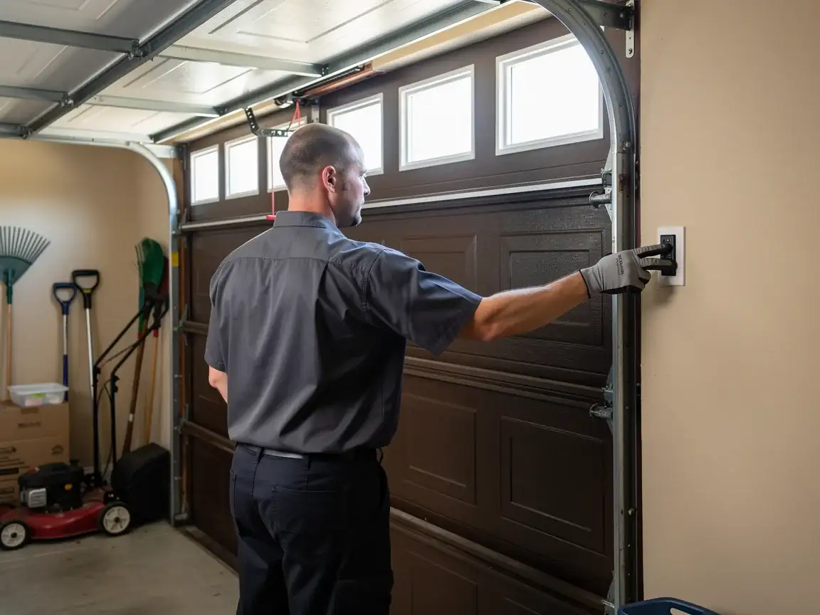 A technician in a gray shirt presses a button on a wall next to a brown garage door.