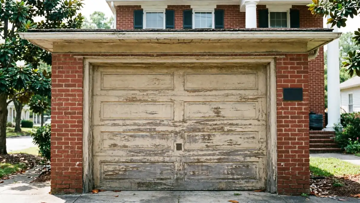 A peeling white garage door is set into a red brick garage.