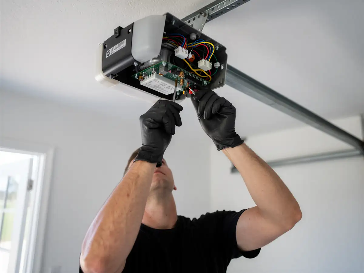 A technician in black gloves repairs a garage door opener on the ceiling.