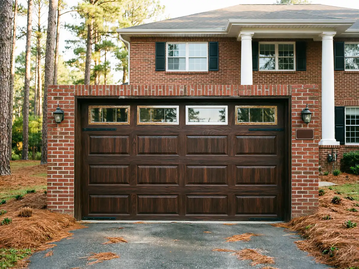 A dark brown wooden garage door is set in a brick house.