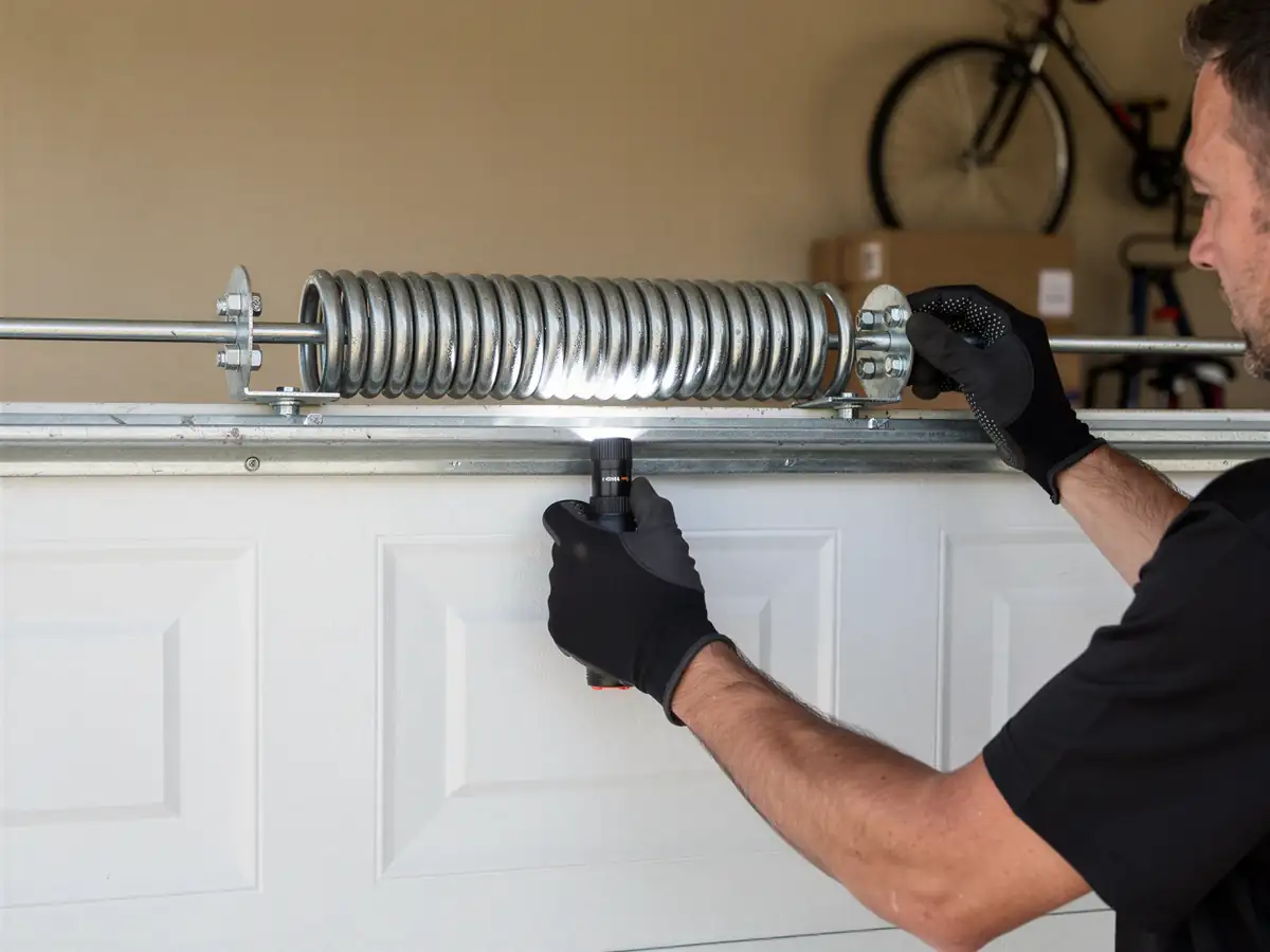A technician inspects a garage door torsion spring with a flashlight.
