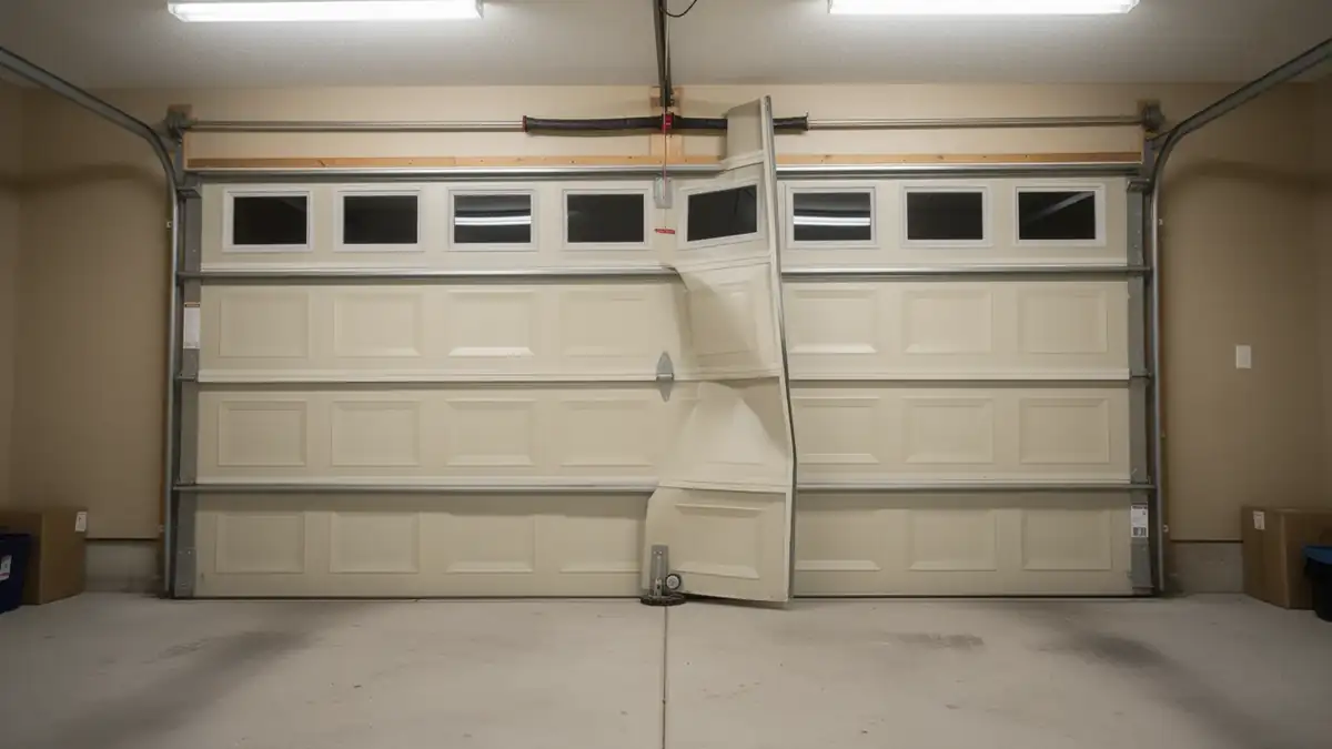The beige garage door is bent and damaged in the middle.
